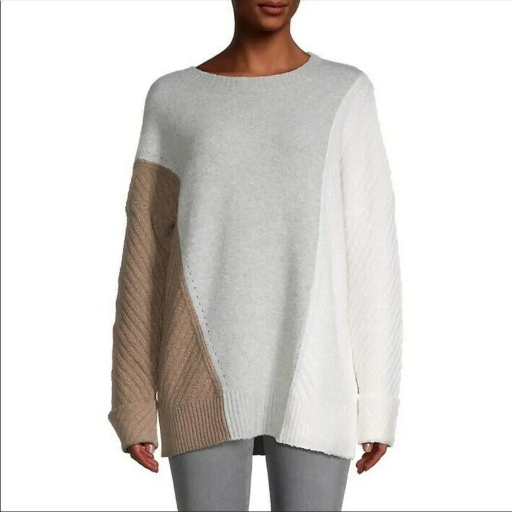 French Connection Oversized Wool Colorblock Sweater Crewneck in Ivory Grey Brown